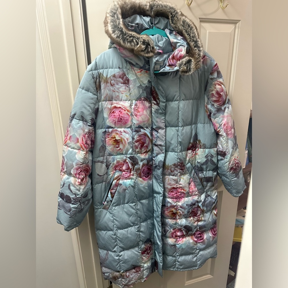 Sundance brand Floral Puffer Coat with Faux Fur Hood size L EUC